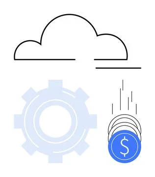 Cloud computing with gear and falling coins symbolizing financial operation.. Stock Illustration