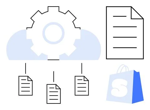 Cloud Computing Gear with Document Management and Shopping Bag Icon Stock Illustration
