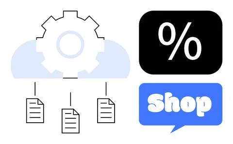 Cloud Computing with Gear Icon, Percentage Symbol, and Shopping Text Bubble Stock Illustration