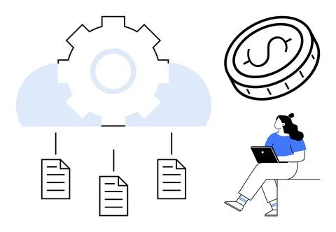 Cloud Computing with Gear Mechanism, Financial Coin, and Woman Using Laptop Illustrazione stock