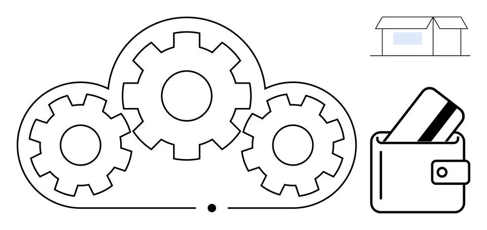 Cloud Computing with Gear Mechanism, House, and Wallet for a Comprehensive .. Stock Illustration