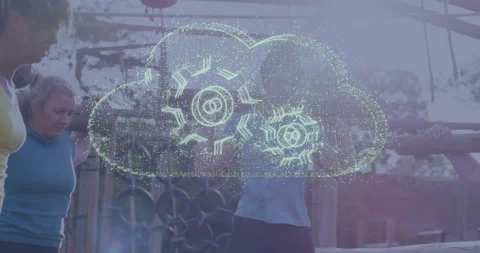 Cloud computing gears animation above people exercising in park setting outdoors Video stock 305490470