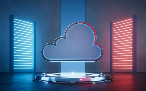 Cloud computing with glowing neon lights, 3d rendering. Illustrazione stock
