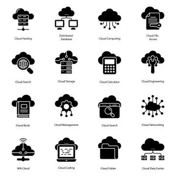 Cloud Computing Glyph Icons Illustrazione stock