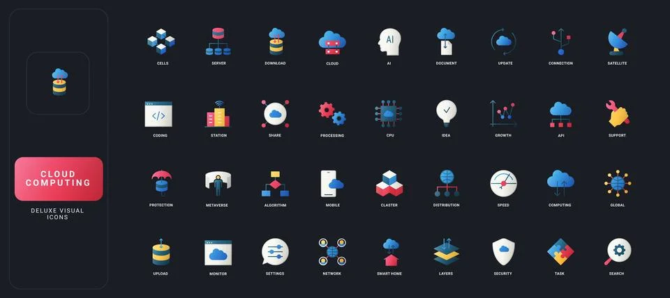 Cloud Computing Gradient Flat Icons on Dark イラスト素材