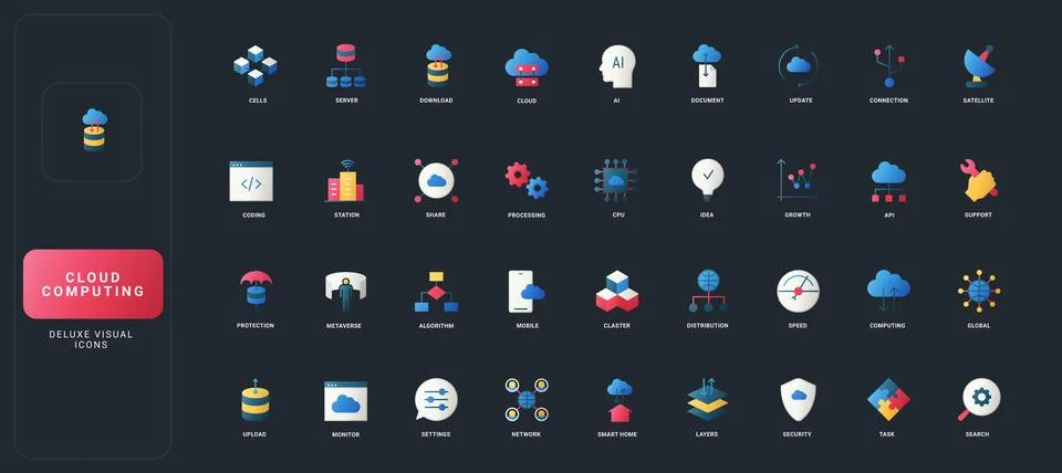 Cloud Computing Gradient Flat Icons on Dark Stock Illustration
