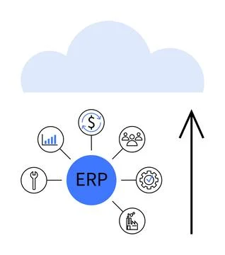 Cloud computing graphic with ERP system integration. Central ERP circle conne Stock Illustration
