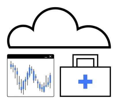 Cloud computing with graphs and medical case symbolizing data storage and Stock Illustration