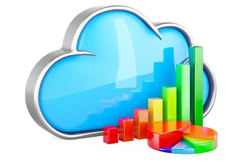 Cloud computing with growth bar graph and pie chart, 3D rendering Stock Illustration