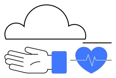 Cloud Computing, Hand Giving Gesture, Blue Heart with Heartbeat Line Stock Illustration