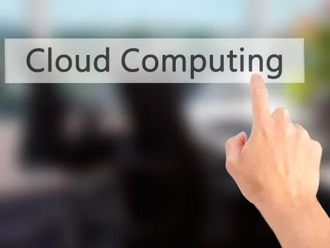 Cloud Computing - Hand pressing a button on blurred background concept on vis 스톡 사진