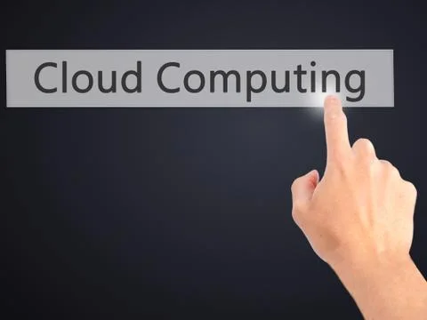 Cloud Computing - Hand pressing a button on blurred background concept on vis Foto stock