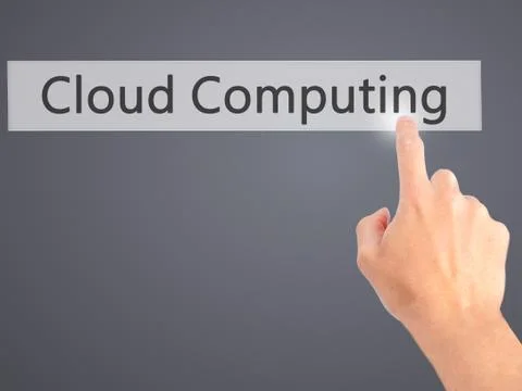 Cloud Computing - Hand pressing a button on blurred background concept on vis 스톡 사진