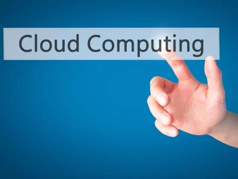 Cloud Computing - Hand pressing a button on blurred background concept on vis Foto stock