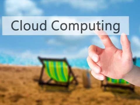 Cloud Computing - Hand pressing a button on blurred background concept on vis Foto stock