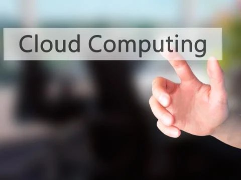Cloud Computing - Hand pressing a button on blurred background concept on vis Foto stock