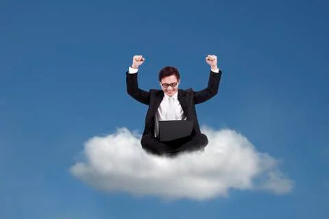 Cloud computing: happy businessman with laptop Illustrazione stock