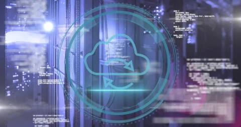 Cloud computing icon and data processing animation over server room background Stock Footage 304839993