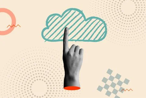 Cloud computing icon and human hands in retro collage vector illustration Stock Illustration