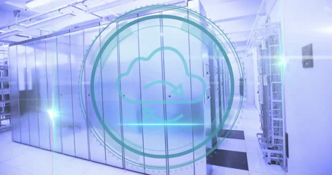 Cloud computing icon animation over modern data center server racks Video stock 304839979