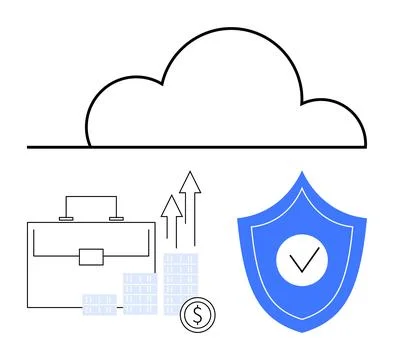 Cloud computing icon with business briefcase, rising graphs, coins, and security 스톡 일러스트