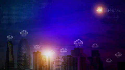 Cloud computing icon with downtown skyscrapers in Bangkok cityscape. Stock Footage 238661905