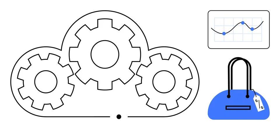 Cloud computing icon integrating gears, a graph with data points, and a shopp 스톡 일러스트