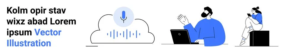 Cloud computing icon with microphone symbol, laptop-using individual gesturin Stock Illustration