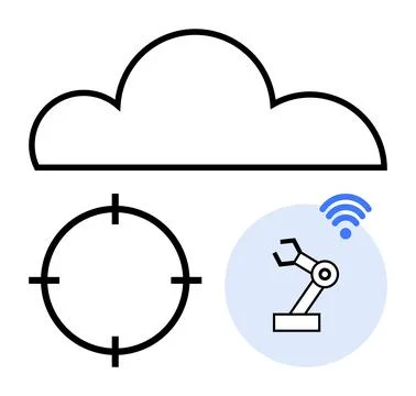 Cloud computing icon over target focus and robotic arm with wireless signal s Stock Illustration