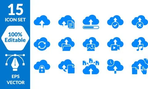 Cloud Computing Icon Set, 15 Editable Vector Icons for Data Storage and Sync Stock Illustration