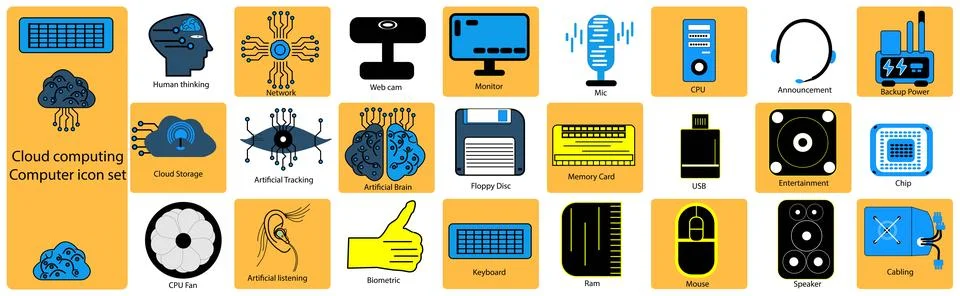 Cloud computing icon set with artificial brain backup power and cabling Illustrazione stock