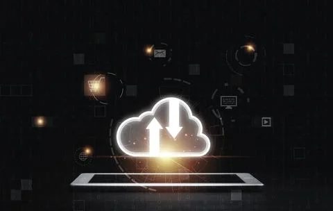 Cloud computing icon on tablet with copy space to transfer data information.. Fotos Stock