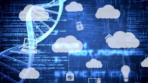 Cloud computing icons and DNA strand animation over digital data background Stock Footage 303869669