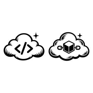 Cloud computing icons with coding and blockchain symbols Stockillustratie