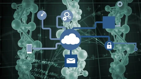 Cloud computing icons connected over DNA strand and binary coding animation Video stock 304010552