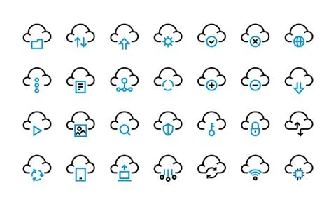 Cloud computing icons. Data transfer access and synchronization, internet Stock Illustration