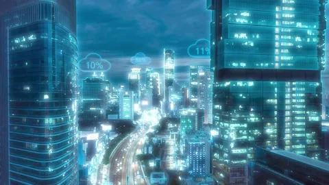 Cloud computing icons with percentages, blue tech city background - Aerial Stock Footage 154436341