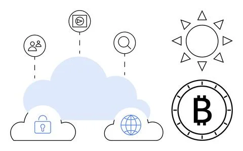 Cloud Computing Icons with Security, Networking, and Blockchain Elements in.. Stock Illustration