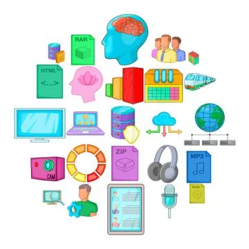 Cloud computing icons set, cartoon style Stock Illustration