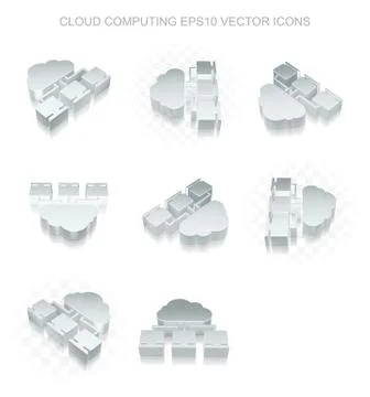 Cloud computing icons set: different views of metallic Cloud Network Illustrazione stock