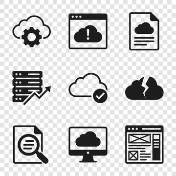 Cloud computing icons set: gear, error alert, document, server growth, veri.. Stock Illustration