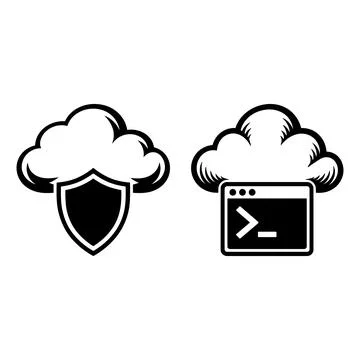 Cloud computing icons with shield and terminal window Stockillustratie