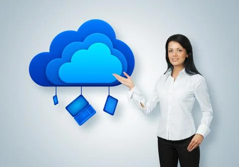 Cloud computing idea concept. business woman points to the cloud computing Stock Illustration
