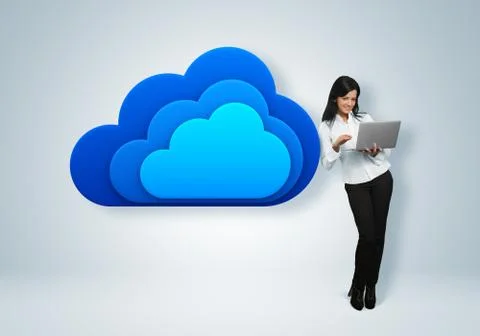 Cloud computing idea concept. business woman stands by the cloud computing Stock Photos