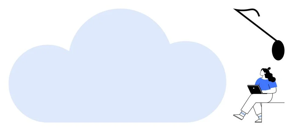 Cloud computing illustration featuring person with laptop and hanging lamp .. Illustrazione stock