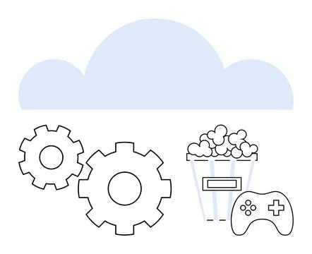 Cloud Computing Illustration with Gears, Popcorn, and Game Controller in Bl.. 스톡 일러스트