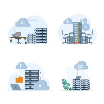 Cloud computing illustration set with data center network, file management. 스톡 일러스트