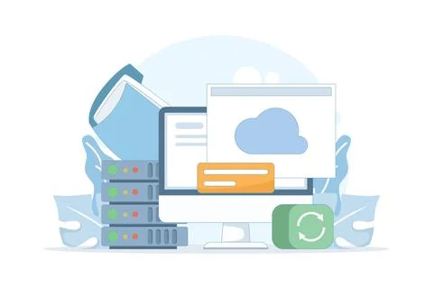 Cloud computing illustration showing servers, devices, and data exchange Stock Illustration
