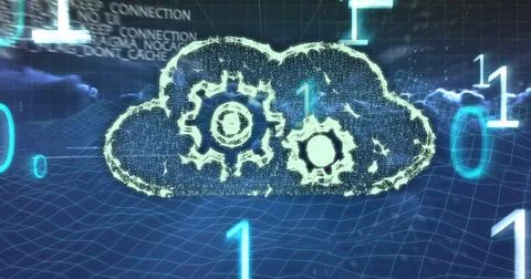 Cloud computing image with gears and binary code over digital grid background 库存照片