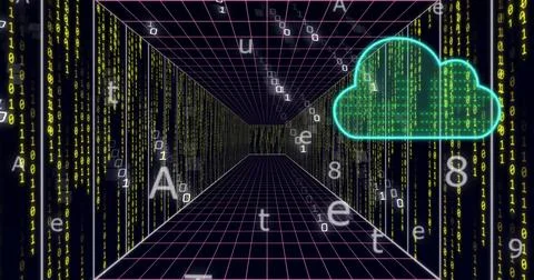 Cloud computing image over digital data stream in futuristic tunnel 库存照片